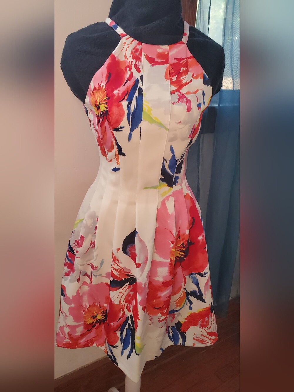 Vince Camuto White/Floral Fit-and-Flare Dress in Pink and Blue